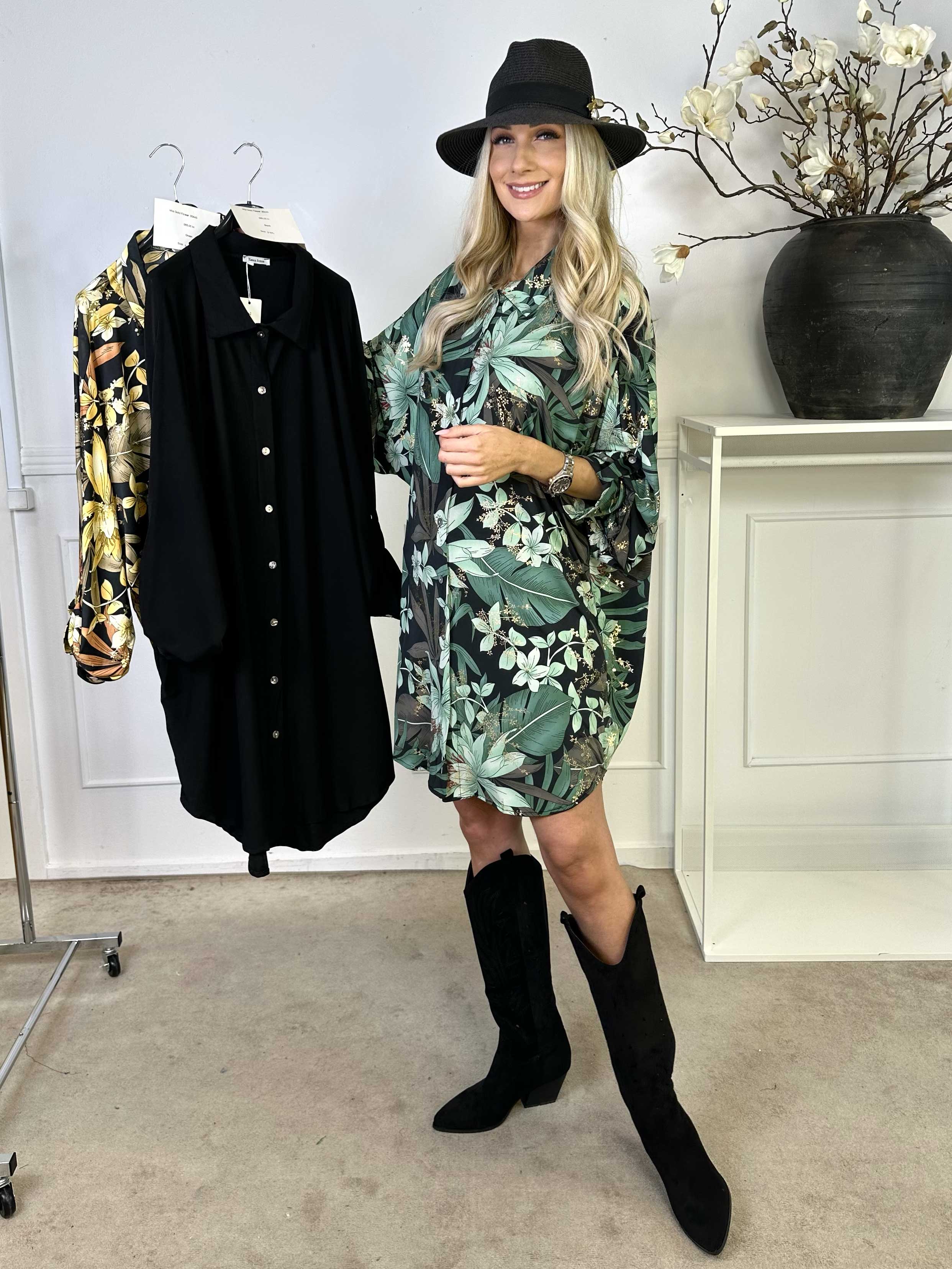 Mia Gold Flower - Skjortklänning med resår och blommigt tryck